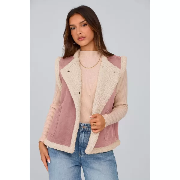 imagePRETTYGARDEN Womens Winter Faux Suede Vest Sleeveless Button Down Fleece Sherpa Lined Jacket Fashion Casual Outerwear CoatPink