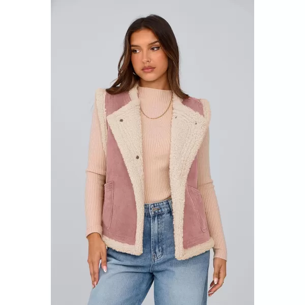 imagePRETTYGARDEN Womens Winter Faux Suede Vest Sleeveless Button Down Fleece Sherpa Lined Jacket Fashion Casual Outerwear CoatPink
