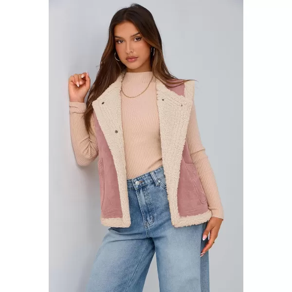 imagePRETTYGARDEN Womens Winter Faux Suede Vest Sleeveless Button Down Fleece Sherpa Lined Jacket Fashion Casual Outerwear CoatPink