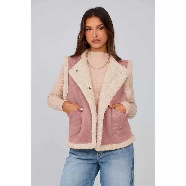 imagePRETTYGARDEN Womens Winter Faux Suede Vest Sleeveless Button Down Fleece Sherpa Lined Jacket Fashion Casual Outerwear CoatPink