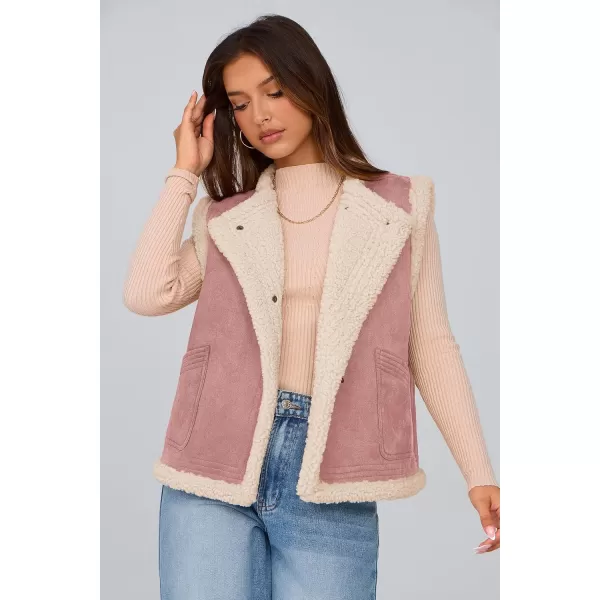 imagePRETTYGARDEN Womens Winter Faux Suede Vest Sleeveless Button Down Fleece Sherpa Lined Jacket Fashion Casual Outerwear CoatPink