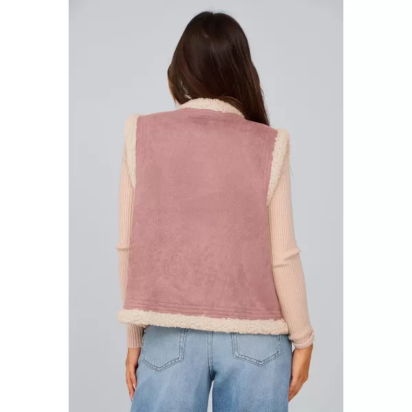 imagePRETTYGARDEN Womens Winter Faux Suede Vest Sleeveless Button Down Fleece Sherpa Lined Jacket Fashion Casual Outerwear CoatPink