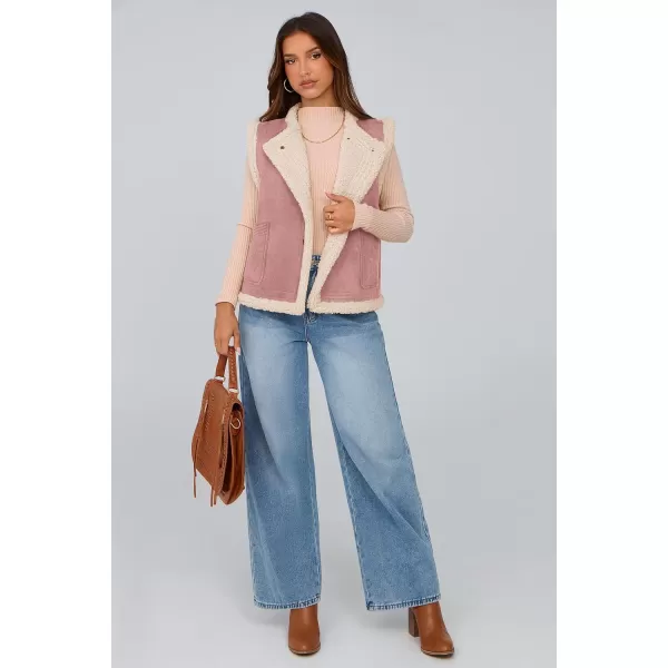 imagePRETTYGARDEN Womens Winter Faux Suede Vest Sleeveless Button Down Fleece Sherpa Lined Jacket Fashion Casual Outerwear CoatPink