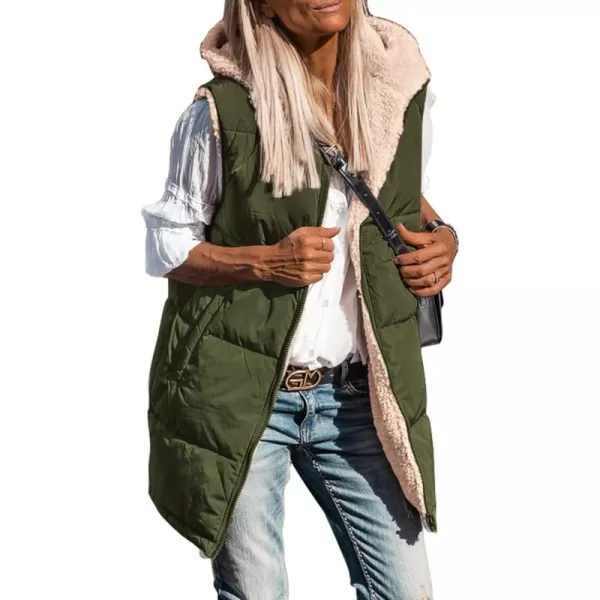 imagePRETTYGARDEN Womens 2024 Fall Reversible Vests Sleeveless Fleece Jacket Zip Up Hoodie Pockets Long Warm Winter Coat OuterwearArmy Green