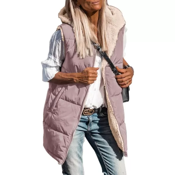 imagePRETTYGARDEN Womens 2024 Fall Reversible Vests Sleeveless Fleece Jacket Zip Up Hoodie Pockets Long Warm Winter Coat OuterwearBean Paste Pink