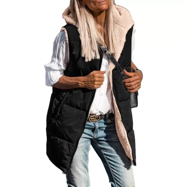 imagePRETTYGARDEN Womens 2024 Fall Reversible Vests Sleeveless Fleece Jacket Zip Up Hoodie Pockets Long Warm Winter Coat OuterwearBlack