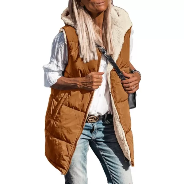 imagePRETTYGARDEN Womens 2024 Fall Reversible Vests Sleeveless Fleece Jacket Zip Up Hoodie Pockets Long Warm Winter Coat OuterwearBrown
