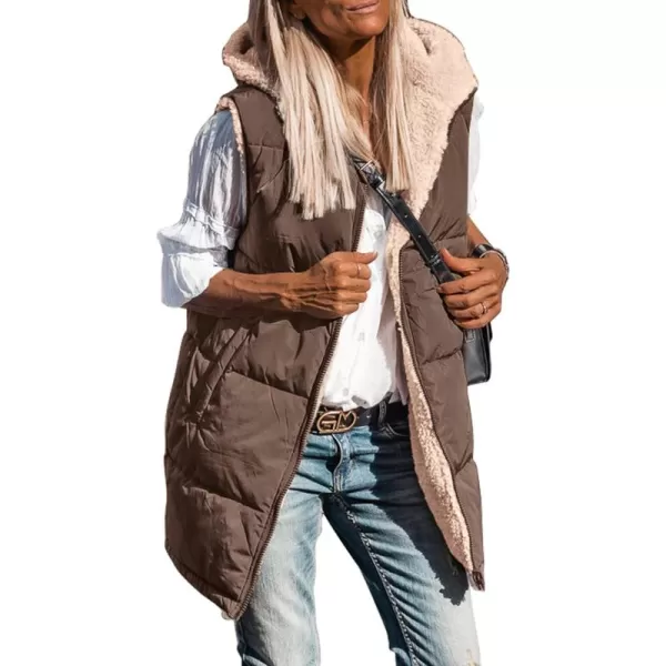 imagePRETTYGARDEN Womens 2024 Fall Reversible Vests Sleeveless Fleece Jacket Zip Up Hoodie Pockets Long Warm Winter Coat OuterwearCoffee
