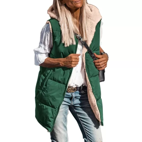 imagePRETTYGARDEN Womens 2024 Fall Reversible Vests Sleeveless Fleece Jacket Zip Up Hoodie Pockets Long Warm Winter Coat OuterwearDark Green