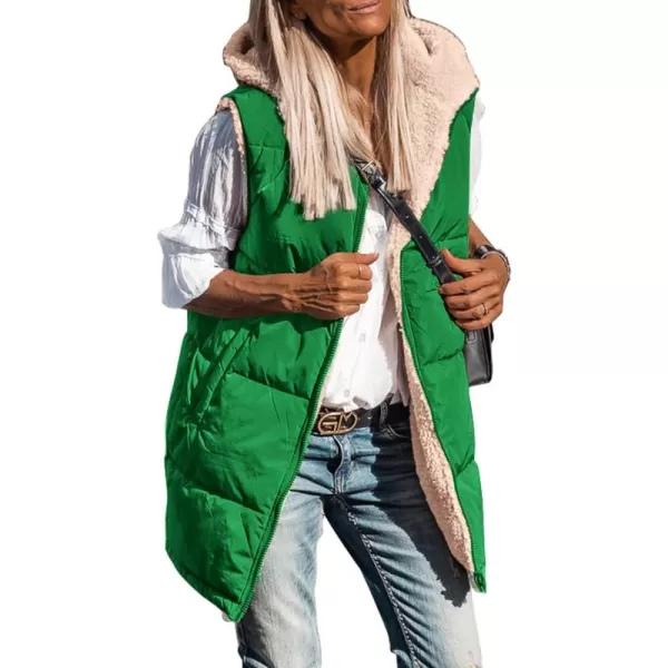 imagePRETTYGARDEN Womens 2024 Fall Reversible Vests Sleeveless Fleece Jacket Zip Up Hoodie Pockets Long Warm Winter Coat OuterwearGreen