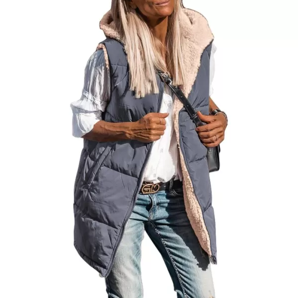 imagePRETTYGARDEN Womens 2024 Fall Reversible Vests Sleeveless Fleece Jacket Zip Up Hoodie Pockets Long Warm Winter Coat OuterwearGrey Blue