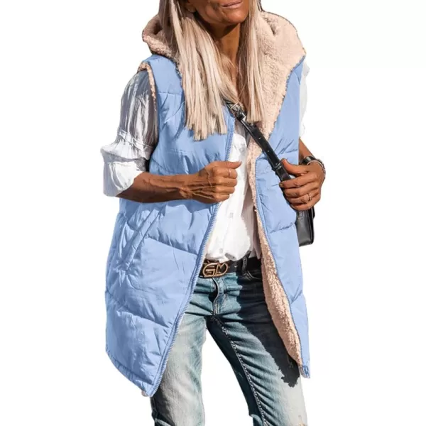 imagePRETTYGARDEN Womens 2024 Fall Reversible Vests Sleeveless Fleece Jacket Zip Up Hoodie Pockets Long Warm Winter Coat OuterwearLight Blue