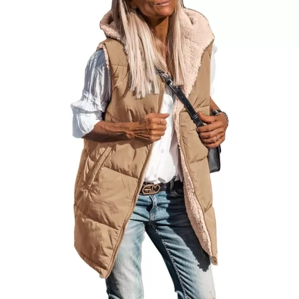 imagePRETTYGARDEN Womens 2024 Fall Reversible Vests Sleeveless Fleece Jacket Zip Up Hoodie Pockets Long Warm Winter Coat OuterwearLight Camel