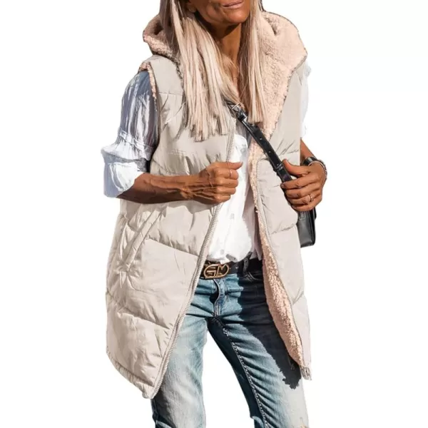 imagePRETTYGARDEN Womens 2024 Fall Reversible Vests Sleeveless Fleece Jacket Zip Up Hoodie Pockets Long Warm Winter Coat OuterwearLight Khaki