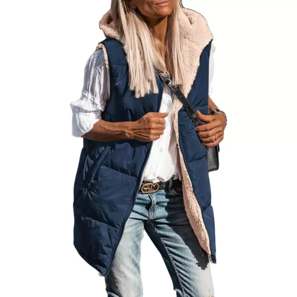 imagePRETTYGARDEN Womens 2024 Fall Reversible Vests Sleeveless Fleece Jacket Zip Up Hoodie Pockets Long Warm Winter Coat OuterwearNavy