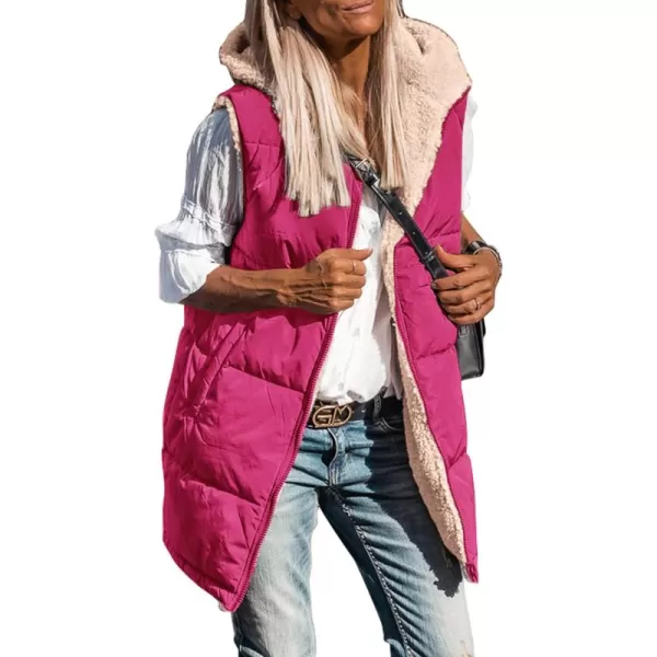 imagePRETTYGARDEN Womens 2024 Fall Reversible Vests Sleeveless Fleece Jacket Zip Up Hoodie Pockets Long Warm Winter Coat OuterwearRose Red