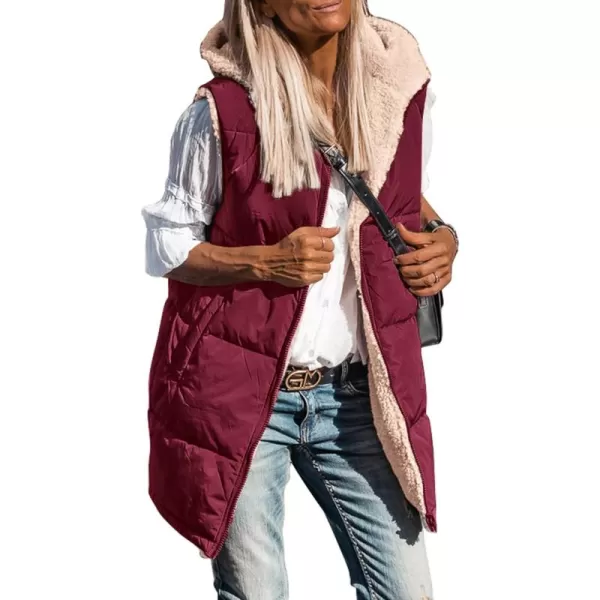 imagePRETTYGARDEN Womens 2024 Fall Reversible Vests Sleeveless Fleece Jacket Zip Up Hoodie Pockets Long Warm Winter Coat OuterwearWine Red
