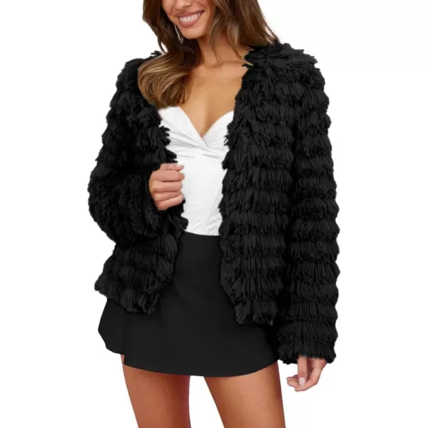 imagePRETTYGARDEN Womens 2024 Winter Coats Fashion Faux Fur Long Sleeve Fleece Shaggy Lightweight Fall Cropped Jacket OuterwearBlack