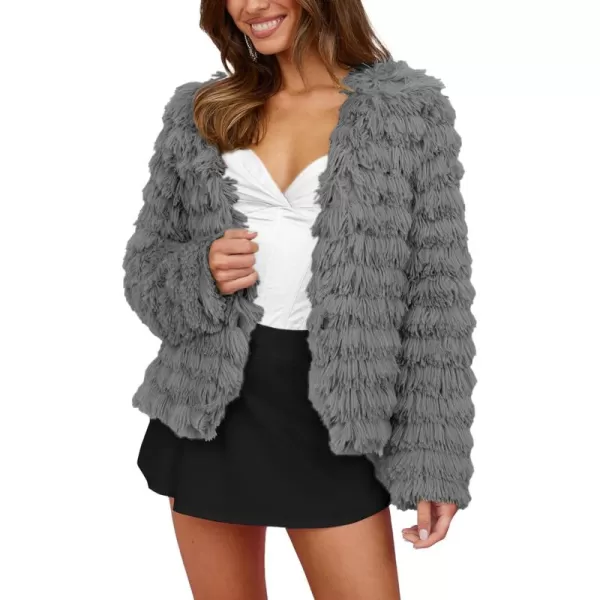 imagePRETTYGARDEN Womens 2024 Winter Coats Fashion Faux Fur Long Sleeve Fleece Shaggy Lightweight Fall Cropped Jacket OuterwearDark Grey