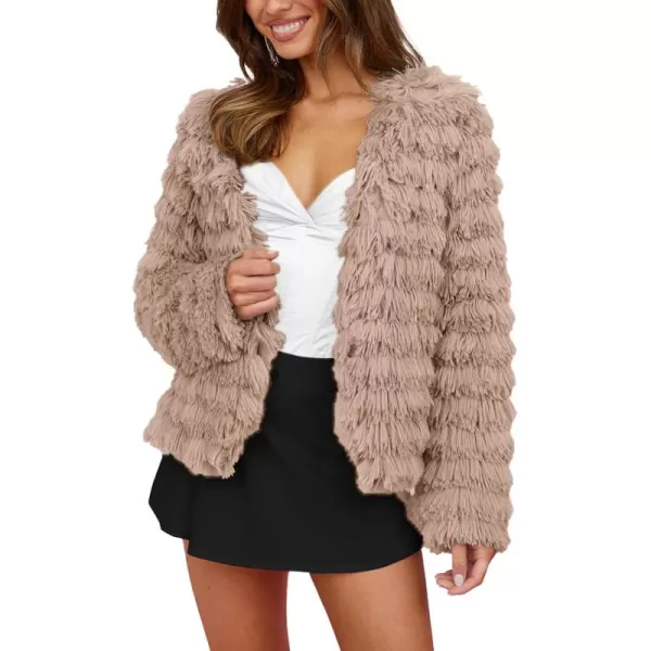 imagePRETTYGARDEN Womens 2024 Winter Coats Fashion Faux Fur Long Sleeve Fleece Shaggy Lightweight Fall Cropped Jacket OuterwearDark Khaki