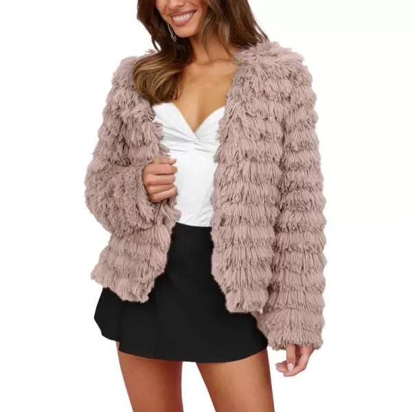 imagePRETTYGARDEN Womens 2024 Winter Coats Fashion Faux Fur Long Sleeve Fleece Shaggy Lightweight Fall Cropped Jacket OuterwearLight Khaki