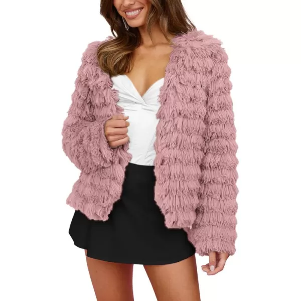 imagePRETTYGARDEN Womens 2024 Winter Coats Fashion Faux Fur Long Sleeve Fleece Shaggy Lightweight Fall Cropped Jacket OuterwearPink