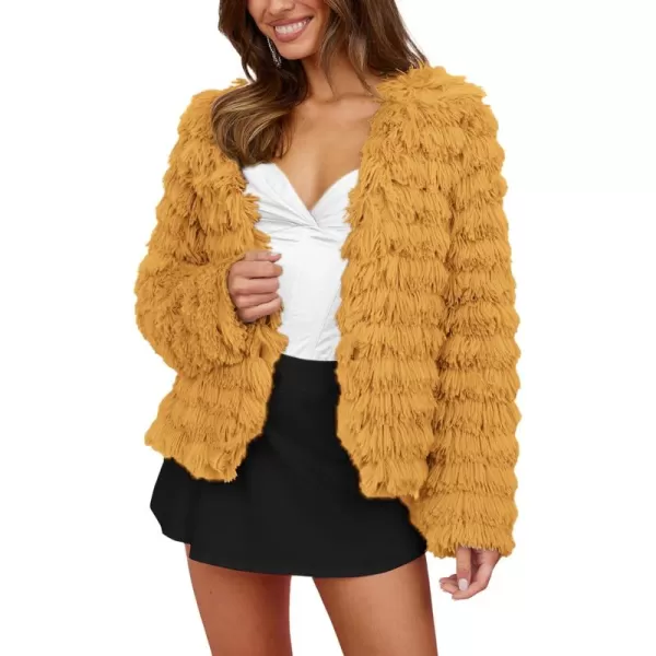 imagePRETTYGARDEN Womens 2024 Winter Coats Fashion Faux Fur Long Sleeve Fleece Shaggy Lightweight Fall Cropped Jacket OuterwearYellow