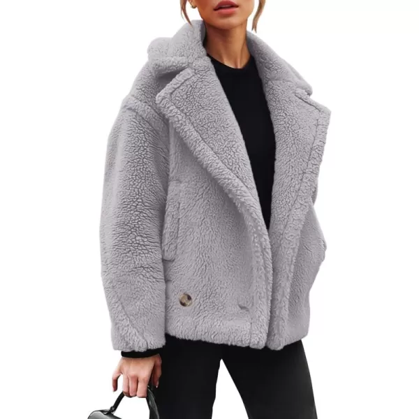 imagePRETTYGARDEN Womens 2024 Winter Fashion Sherpa Coats Lapel Fleece Jacket Long Sleeve Pockets Faux Fur Dressy Fall OutfitsLight Grey