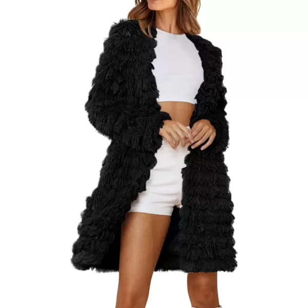 imagePRETTYGARDEN Womens 2024 Winter Faux Fur Jackets Fall Fashion Open Front Long Shaggy Coat OuterwearBlack