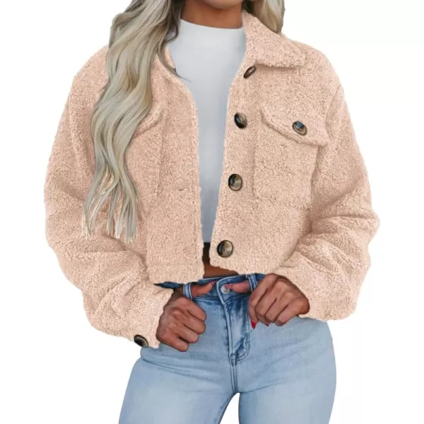 imagePRETTYGARDEN Womens Fall Clothes Sherpa Shacket Jacket Fuzzy Lapel Button Down Cropped Coat Winter OuterwearBeige