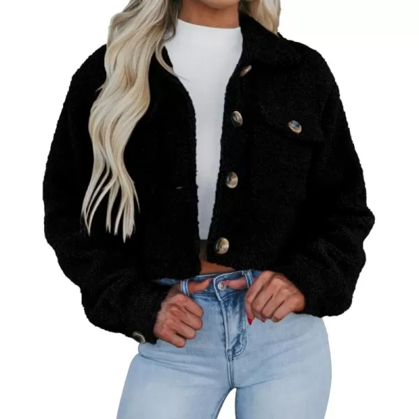 imagePRETTYGARDEN Womens Fall Clothes Sherpa Shacket Jacket Fuzzy Lapel Button Down Cropped Coat Winter OuterwearBlack