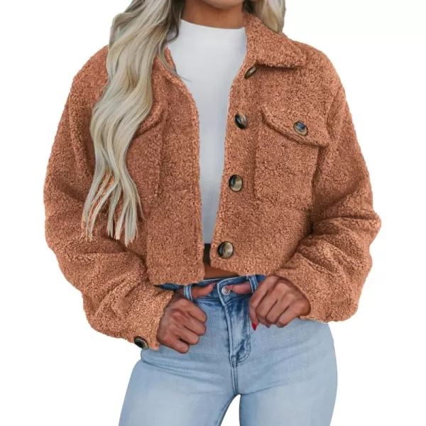 imagePRETTYGARDEN Womens Fall Clothes Sherpa Shacket Jacket Fuzzy Lapel Button Down Cropped Coat Winter OuterwearCamel