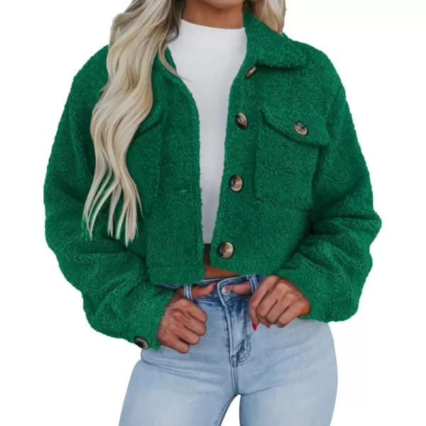 imagePRETTYGARDEN Womens Fall Clothes Sherpa Shacket Jacket Fuzzy Lapel Button Down Cropped Coat Winter OuterwearGreen