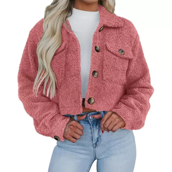 imagePRETTYGARDEN Womens Fall Clothes Sherpa Shacket Jacket Fuzzy Lapel Button Down Cropped Coat Winter OuterwearGrey Pink