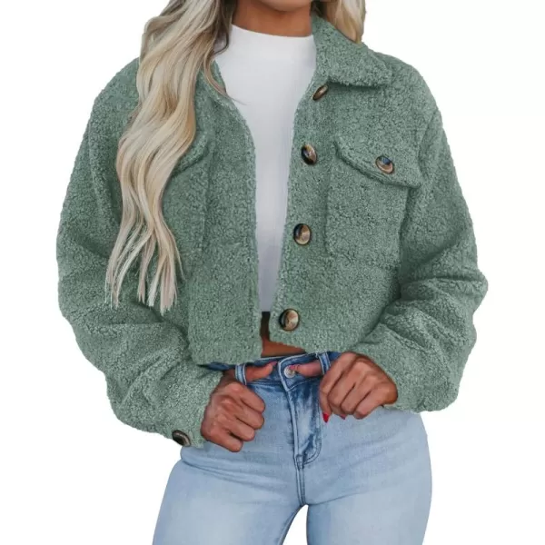 imagePRETTYGARDEN Womens Fall Clothes Sherpa Shacket Jacket Fuzzy Lapel Button Down Cropped Coat Winter OuterwearLight Green