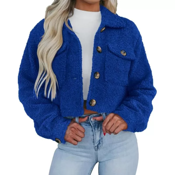 imagePRETTYGARDEN Womens Fall Clothes Sherpa Shacket Jacket Fuzzy Lapel Button Down Cropped Coat Winter OuterwearRoyal Blue