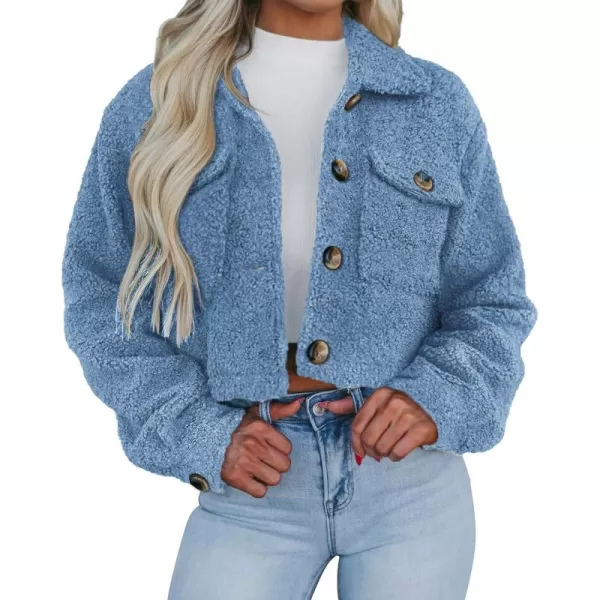 imagePRETTYGARDEN Womens Fall Clothes Sherpa Shacket Jacket Fuzzy Lapel Button Down Cropped Coat Winter OuterwearSky Blue