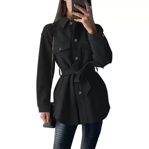 imagePRETTYGARDEN Womens Fall Fashion Winter Trench Coats Lapel Button Down Peacoat Belted Outerwear Casual JacketsBlack