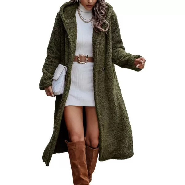 imagePRETTYGARDEN Womens Fashion Winter Coats Fuzzy Fleece Long Hooded Jackets Button Down Faux Fur Warm OuterwearArmy Green