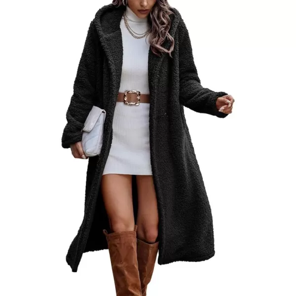 imagePRETTYGARDEN Womens Fashion Winter Coats Fuzzy Fleece Long Hooded Jackets Button Down Faux Fur Warm OuterwearBlack