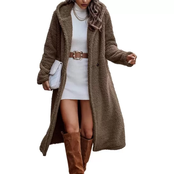 imagePRETTYGARDEN Womens Fashion Winter Coats Fuzzy Fleece Long Hooded Jackets Button Down Faux Fur Warm OuterwearKhaki