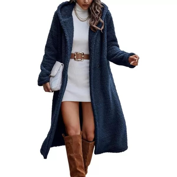 imagePRETTYGARDEN Womens Fashion Winter Coats Fuzzy Fleece Long Hooded Jackets Button Down Faux Fur Warm OuterwearNavy