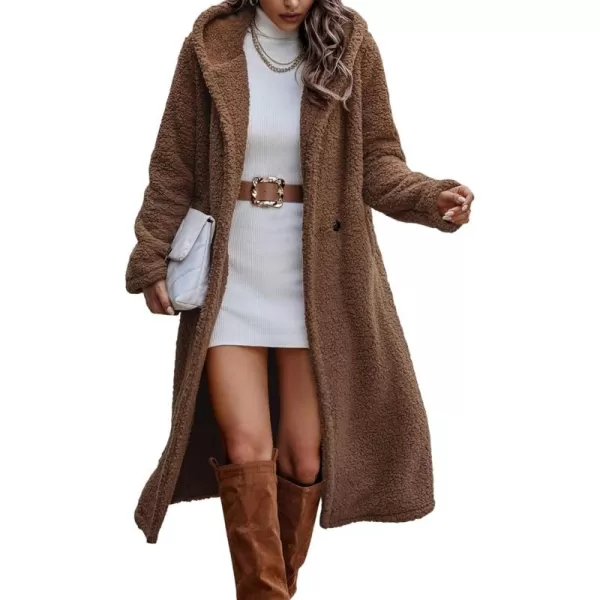 imagePRETTYGARDEN Womens Fashion Winter Coats Fuzzy Fleece Long Hooded Jackets Button Down Faux Fur Warm OuterwearRed Coffee