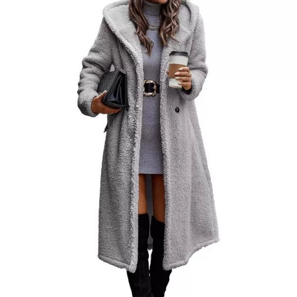 imagePRETTYGARDEN Womens Fashion Winter Coats Fuzzy Fleece Long Hooded Jackets Button Down Faux Fur Warm OuterwearSilver Grey