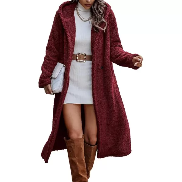 imagePRETTYGARDEN Womens Fashion Winter Coats Fuzzy Fleece Long Hooded Jackets Button Down Faux Fur Warm OuterwearWine Red