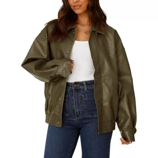 imagePRETTYGARDEN Womens Faux Leather Motorcycle Jacket Trendy Fall Clothes Oversized Zip Up Winter Coat OuterwearArmy Green