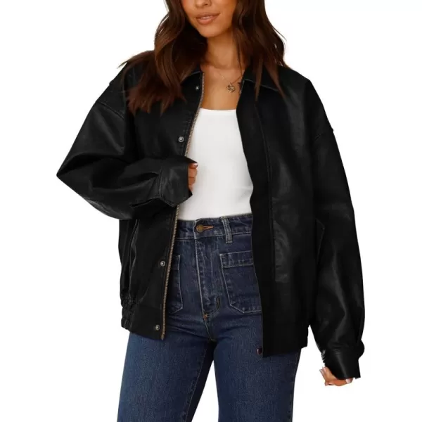 imagePRETTYGARDEN Womens Faux Leather Motorcycle Jacket Trendy Fall Clothes Oversized Zip Up Winter Coat OuterwearBlack