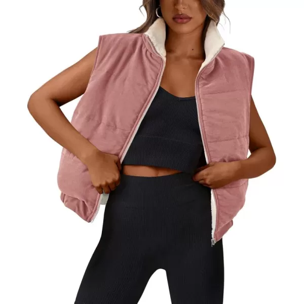 imagePRETTYGARDEN Womens Fleece Vest Jacket 2024 Fall Sleeveless Sherpa Puffer Outfits Zip Up Winter Coat OuterwearBean Paste Pink