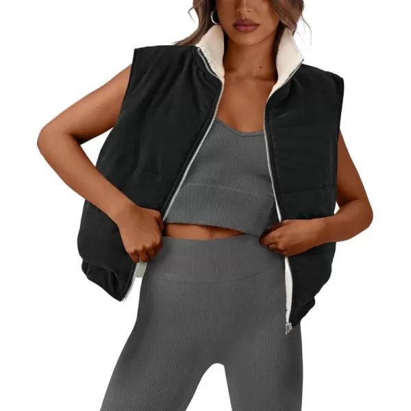 imagePRETTYGARDEN Womens Fleece Vest Jacket 2024 Fall Sleeveless Sherpa Puffer Outfits Zip Up Winter Coat OuterwearBlack