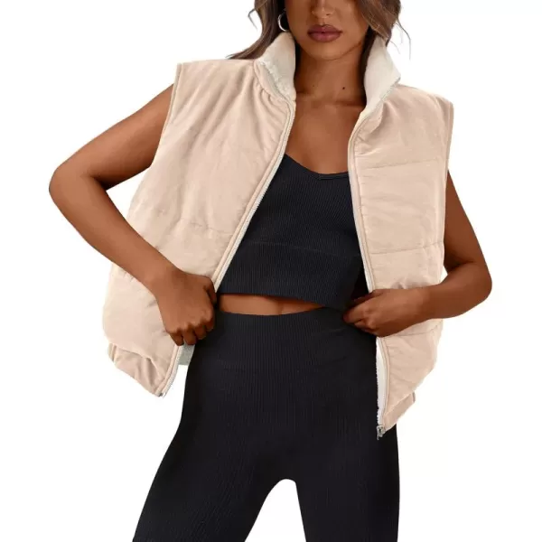 imagePRETTYGARDEN Womens Fleece Vest Jacket 2024 Fall Sleeveless Sherpa Puffer Outfits Zip Up Winter Coat OuterwearLight Khaki